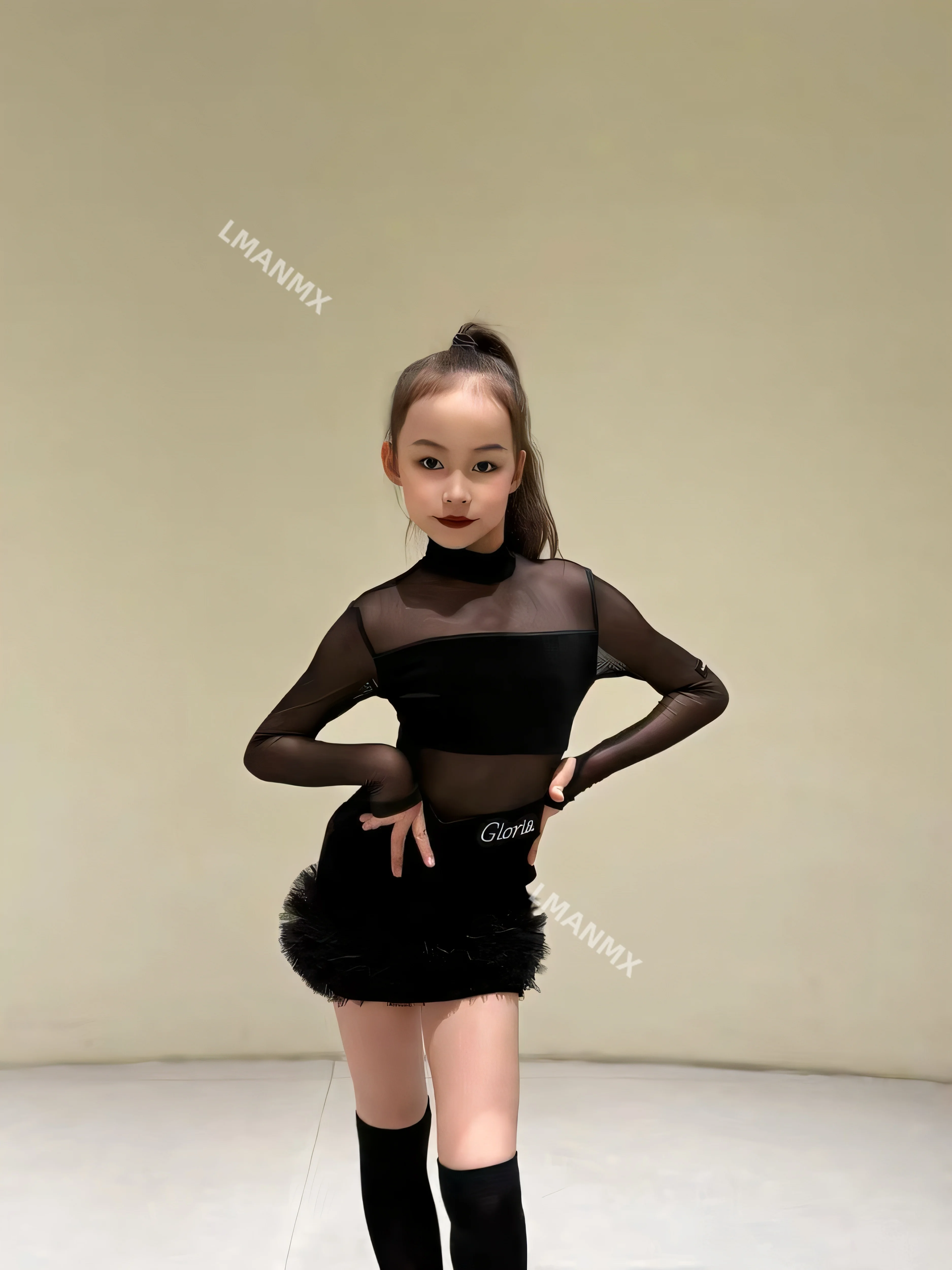 Strój do tańca latynoamerykańskiego dla dziewcząt i dzieci, nowy top z siateczkowymi rękawami, dopasowana spódnica do połowy uda, strój do ćwiczeń i występów.