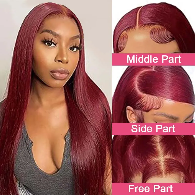 22 Inch 99j Burgundy Color 13x4 Clear Lace Front  Wigs Straight Wigs Pre Plucked with Baby Hair 100% Brazilian Remy Human Hair