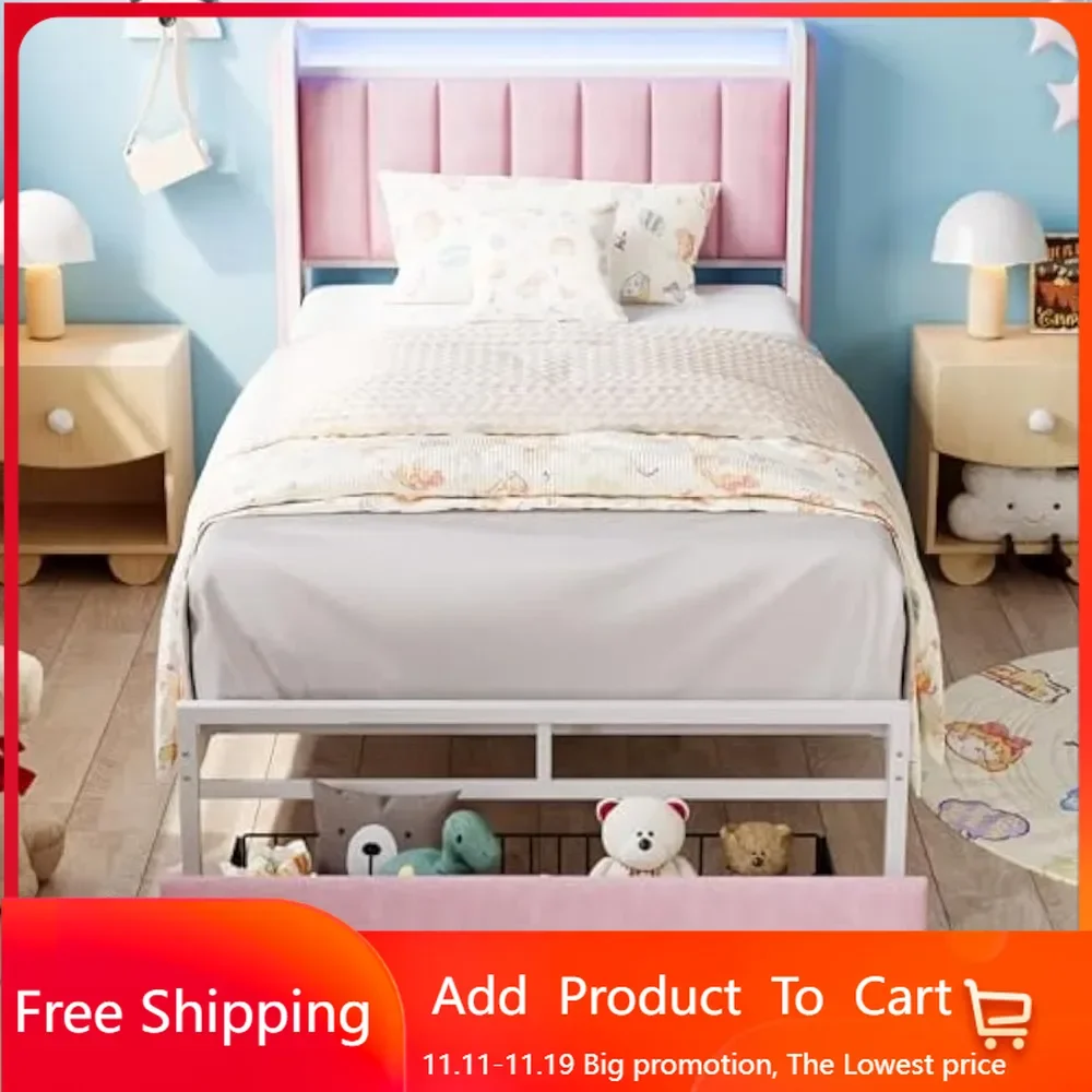 

Twin Size Bed Frame with Armrests Headboard & RGB Light, Upholstered Twin Size Bed Platform with Drawers,Modern Pink