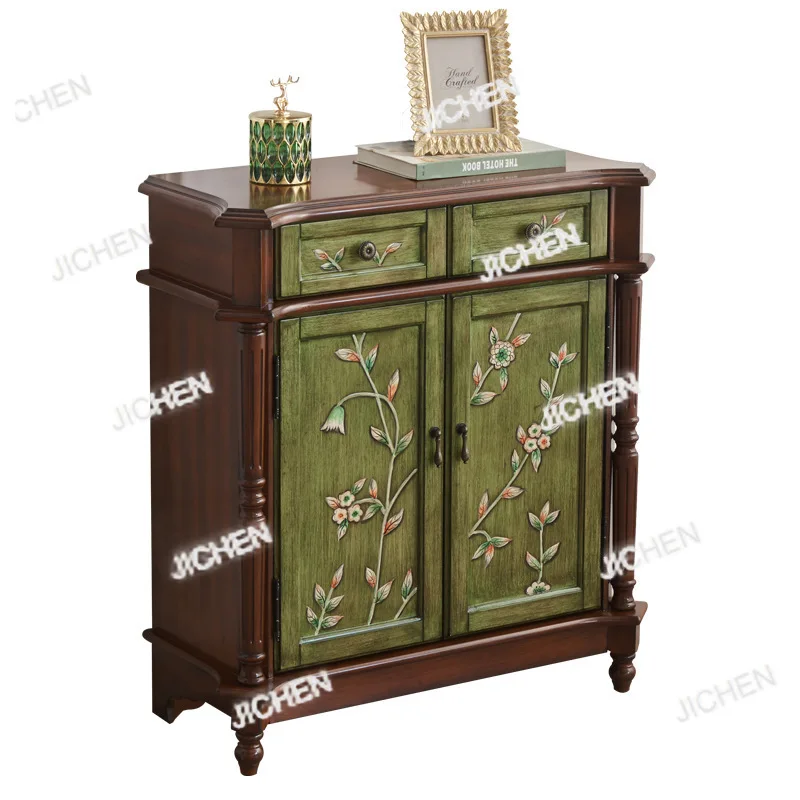 

French vintage two-bucket two-door cabinet entryway cabinet classical painted furniture stacked gold storage cabinet walnut col