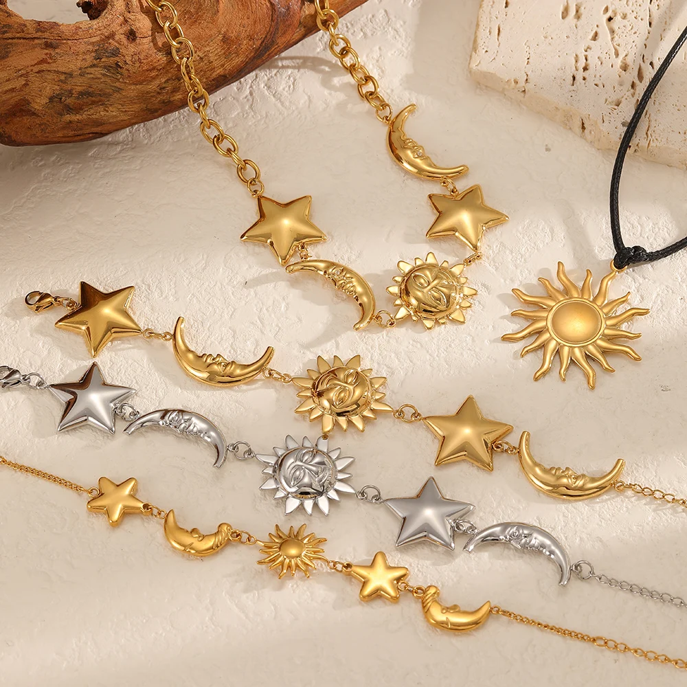 Elegantes, glattes Edelstahl-Stern-Mond-Armband, 18K vergoldet, stapelbares Sonnenarmband, Schmuckgeschenk für Frauen – Detail 2