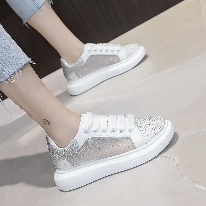 Ladies Shoes with Crystals Sports Diamond Whit Rhinestone Women Footwear Summer 2024 Walking Fashion Urban 39 New Arrival Cotton