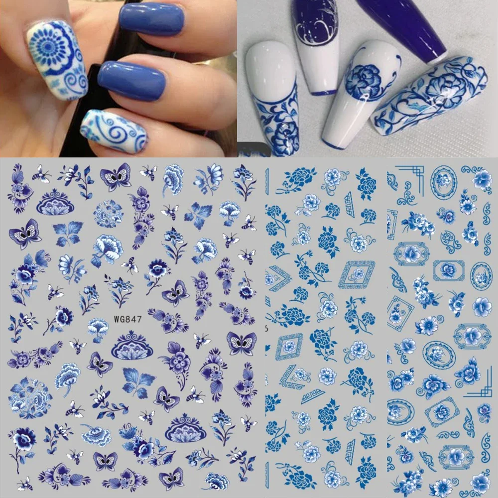 Blaue und weiße Porzellan-Nagelkunst-Aufkleber im Vintage-Stil, selbstklebende DIY-Nagelspitzen-Aufkleber zur Nageldekoration