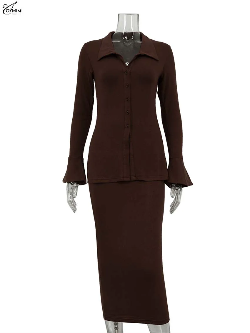 Oymimi Elegant Brown Women's Two Pieces Set Fashion Lapel Long Sleeve Single Breasted Shirts And High Waist Simple Skirts Sets