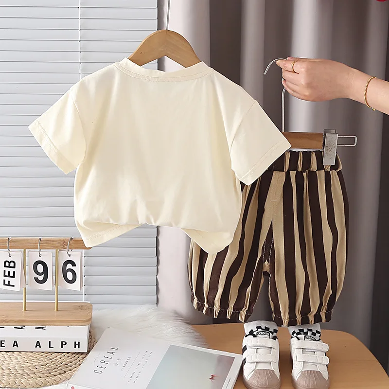 Soft Cotton Toddler Boys Summer Outfits 2026 New Korean Style Striped T-shirt and Shorts Set 2pcs Kids Boys Casual Clothing Sets