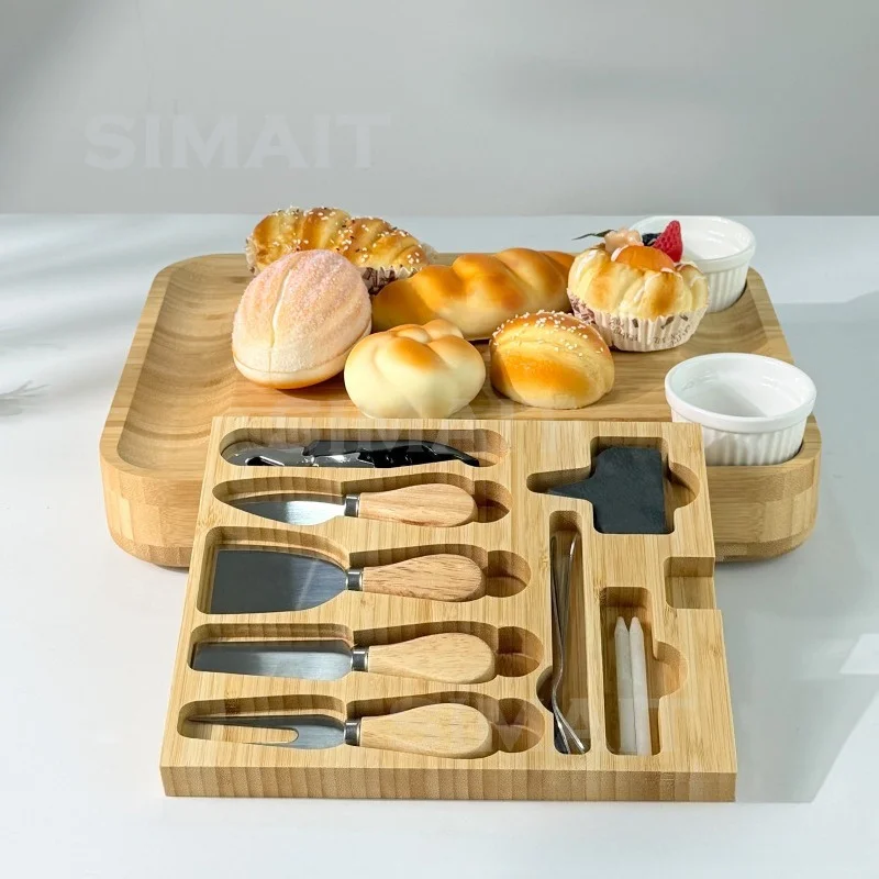 Cheese Tray with Transparent Lid, Knife and Fork Tools, Bamboo and Wood Multi-grid Dinner Plate, Party Cutting Board Tray.