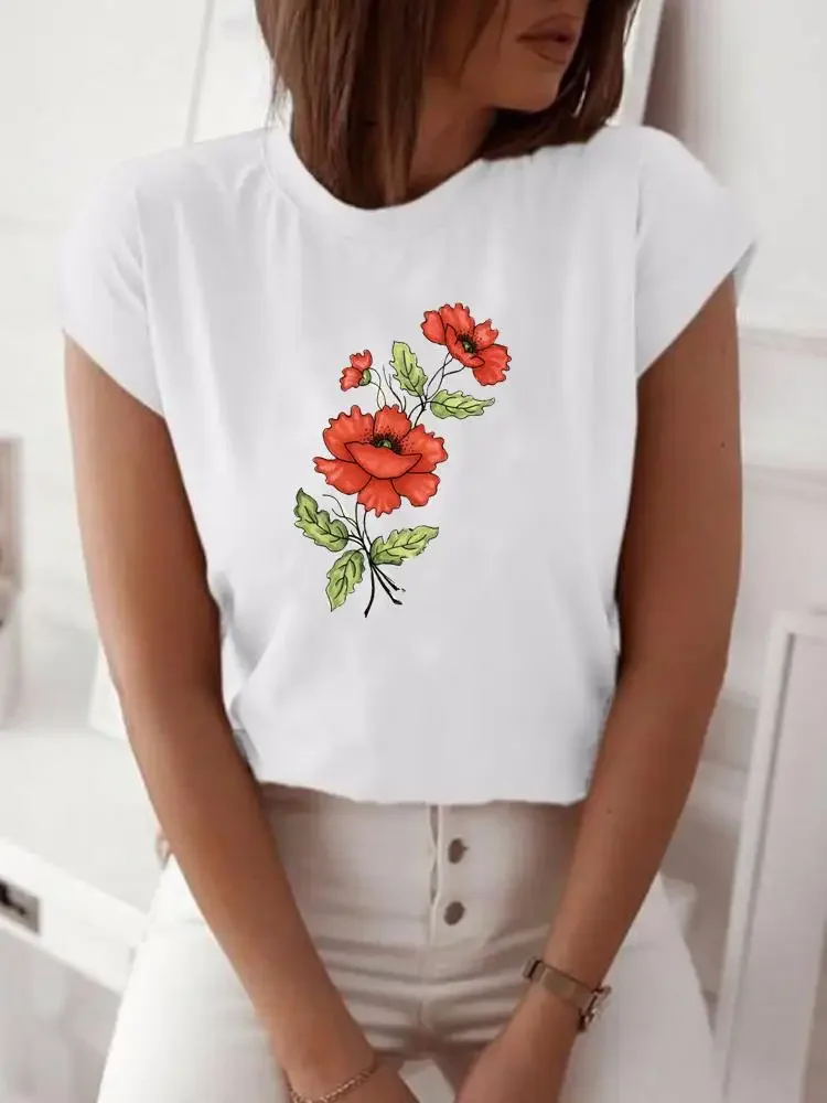 Camiseta con estampado de flores para mujer, ropa de manga corta para mujer, camiseta estampada para mujer, moda de primavera y verano