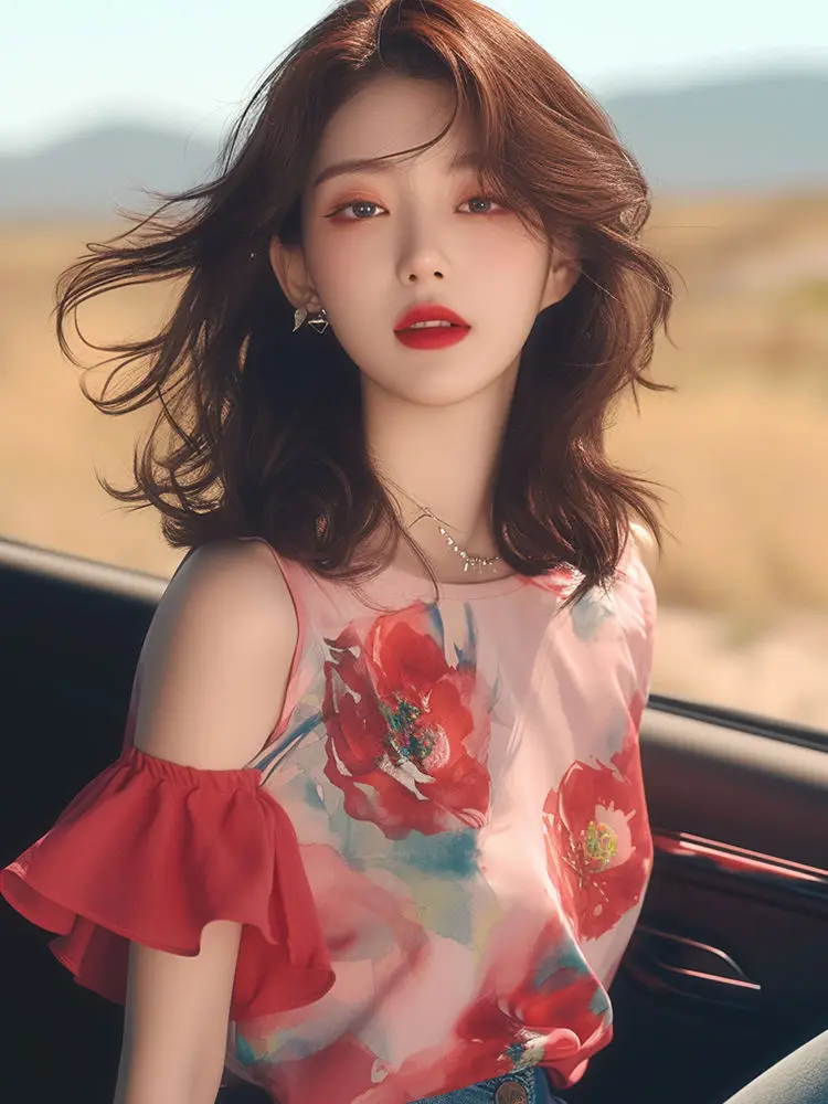 Camicette in chiffon con stampa floreale Camicia ampia da donna con maniche corte svasate Office Lady Abbigliamento casual Top con spalle scoperte Estate Nuova moda