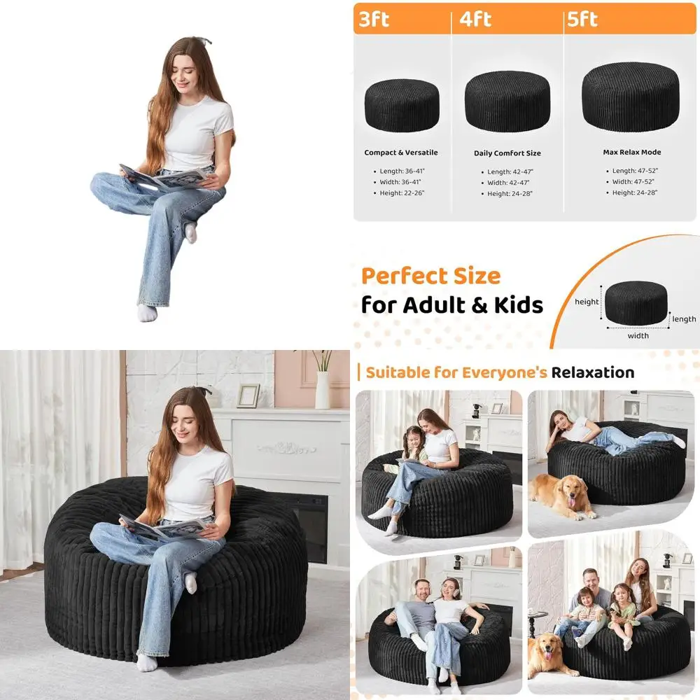 

Adult 3-Foot Striped Plush Bean Bag Chair with Memory Foam, Ideal for Living Room, Bedroom, or Dorm, Black New