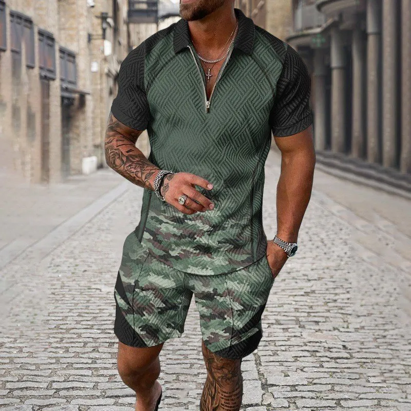 Men Polo Tracksuit 2 Piece Set 3D Print Camouflage Color Zipper Polo Shirt ShortsS ummer Man Clothing Polo Shirt Suit Clothing