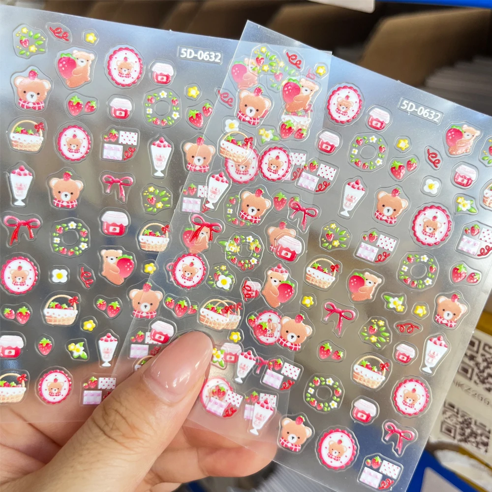 2 uds colorido 5D lindo oso Nail Art pegatina pastel fresa arco, corona de flores lindo oso estrellas cereza autoadhesivo manicura calcomanía