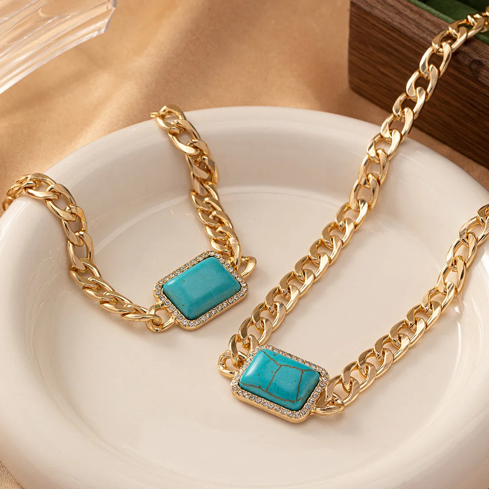 Jewelry Set For Women Geometric Square Turquoise Temperament Necklace Bracelet Holiday Party Gift Fashion Accessories CS022