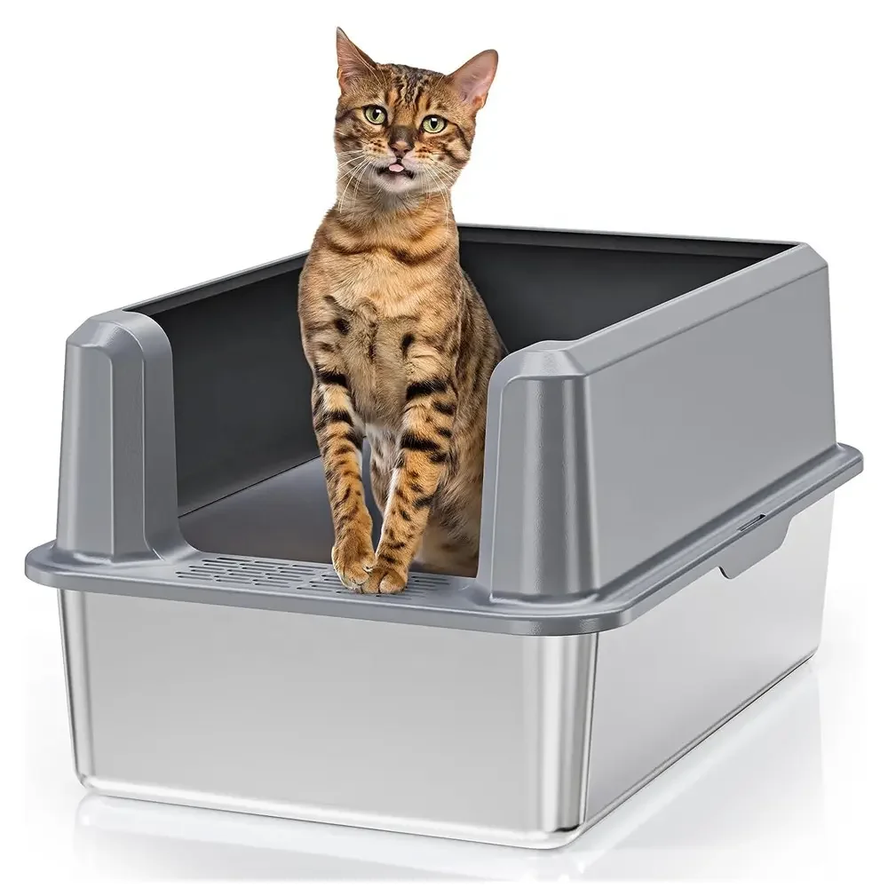 Large Stainless Steel Cat Box Non-Stick Anti-Leakage Cat Box With High Side Easy Clean Enclosure Cat Toilet