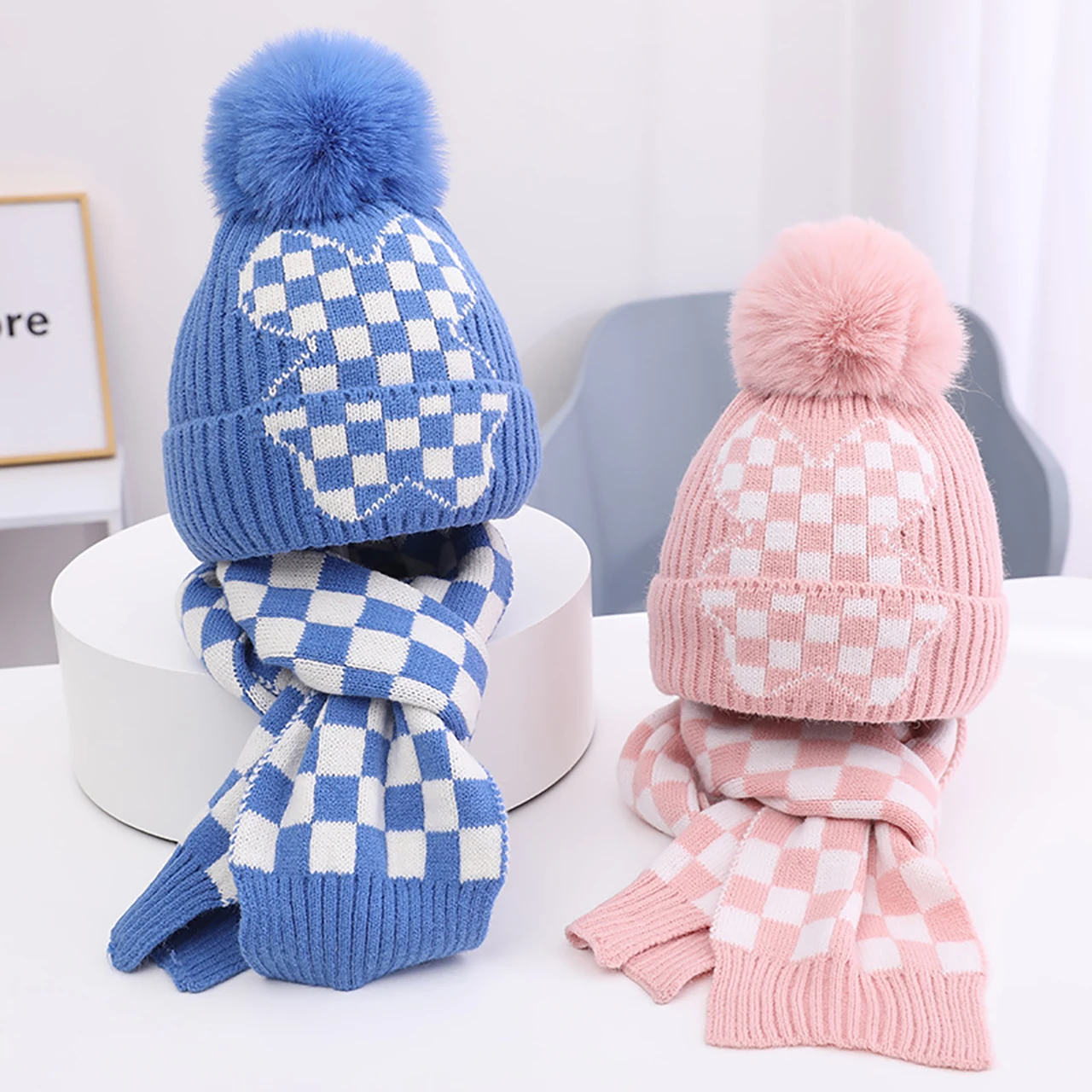 2PCS/Set Winter Thicken Kids Hat Scarf Korean Plaid Boy Girl Knitted Woolen Pullover Hats Outdoor Windproof Children Neck Covers