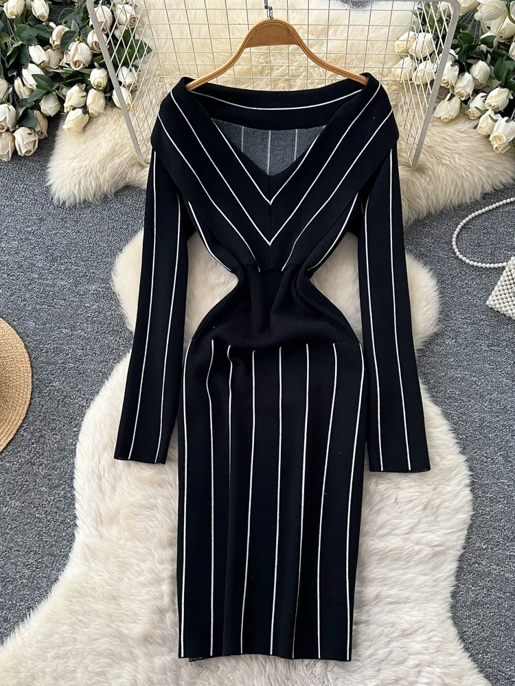 Ele V-ne Long Sve Striped Knitted Dr Women's Slim Fit Bodycon Skirt High Waist Korean Sle Commute Summer Polyes...