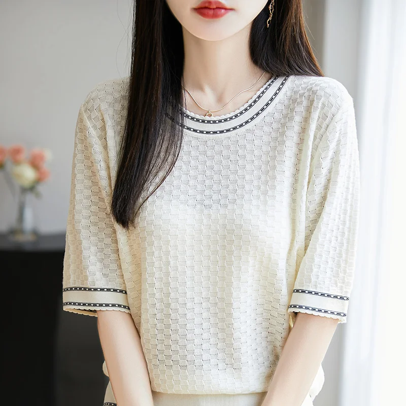 

Summer New Female Round Neck Lyocell Hollow Short Sleeve Casual Knitted T-shirt Half Sleeve Top