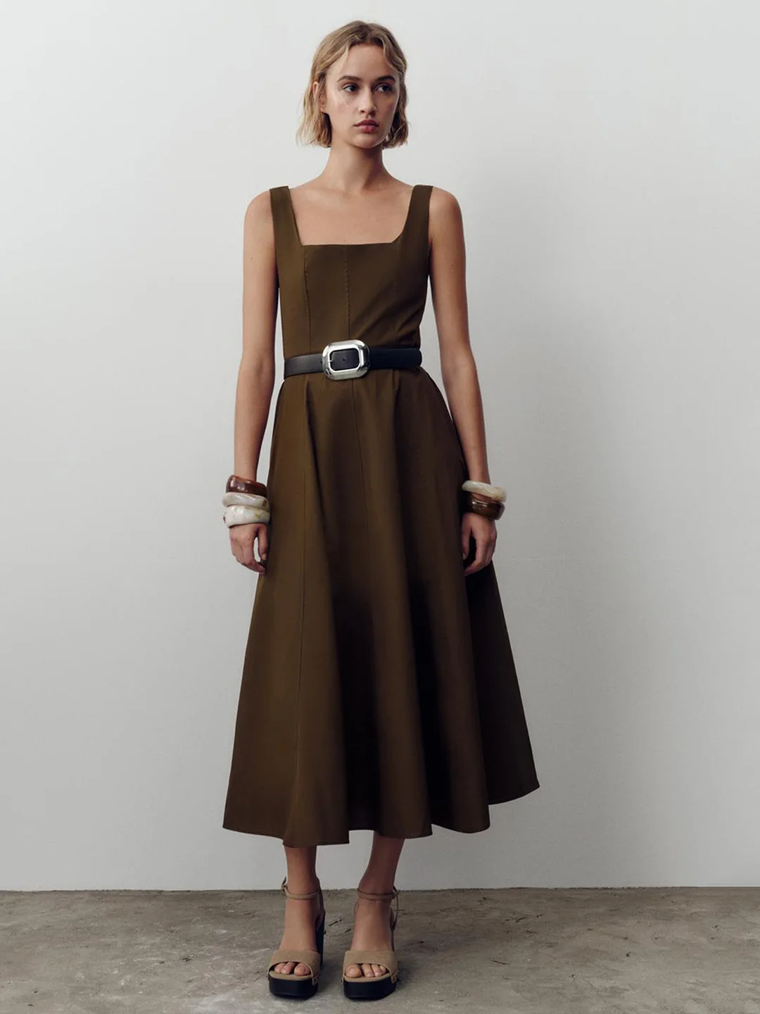 Sweet Sli Slimming Belted Midi Dr مع أشرطة كتف واسعة جديدة للنساء من القطن كاجوال مربع Ne Dr
