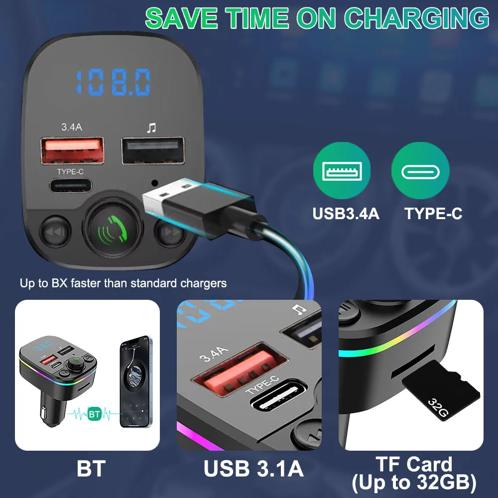 Bluetooth 5.0 Car FM Transmitter Wireless FM Radio Kit Fast Colorful Charger And With Play MP3 Modulator Handsfree Ambient