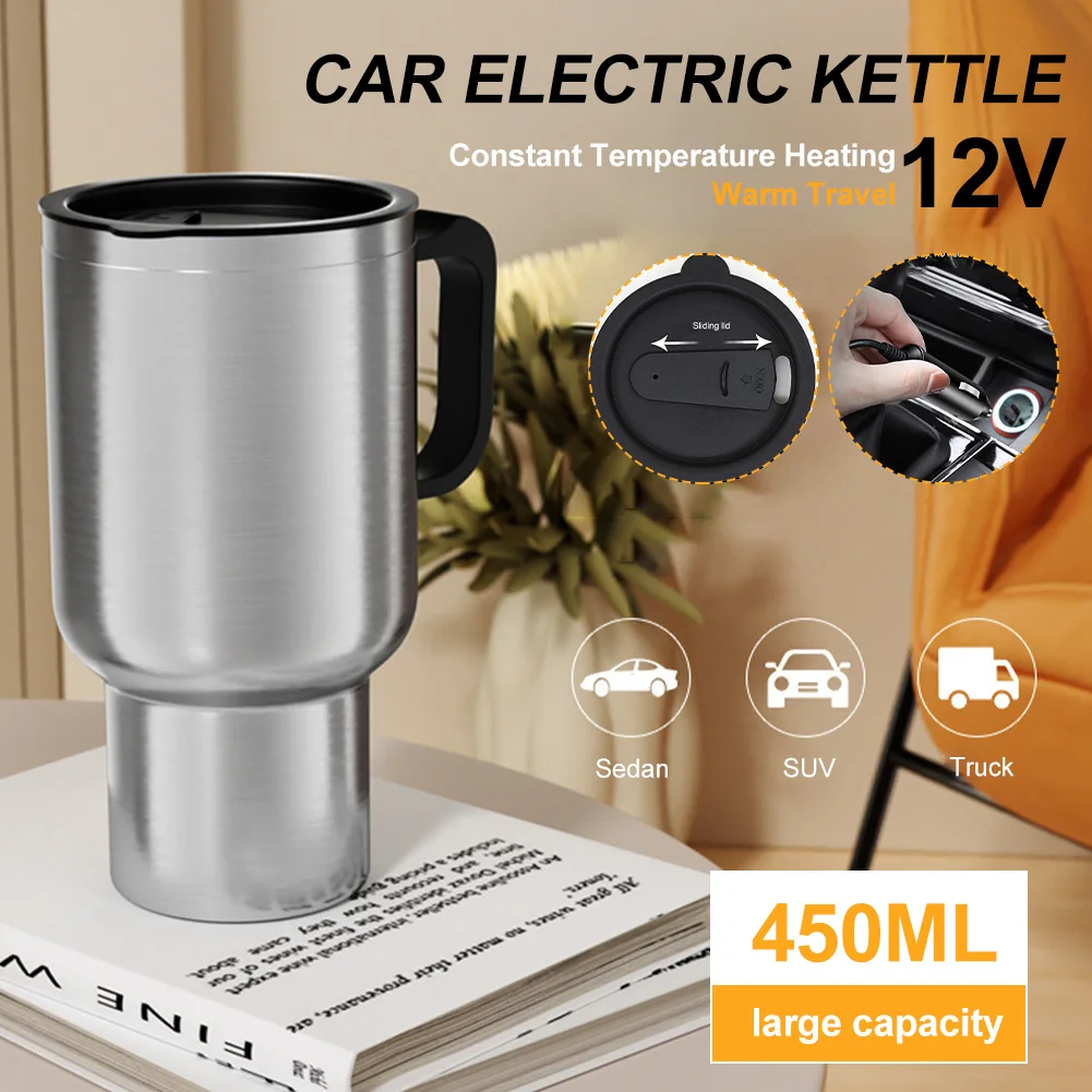 12V Car Heating Cup 450ML 65℃ Electric Heating Cups For Car Stainless Steel Water Warmer Bottle Car Coffee Milk Heating Cup