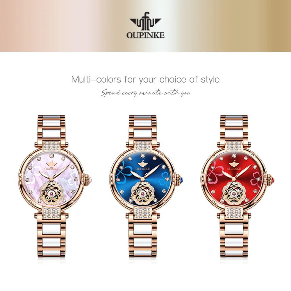 OUPINKE 3183 ساعة سيدات أصلية فاخرة أنيقة الهيكل العظمي ساعة ميكانيكية 50 متر مقاوم للماء تاريخ اليوم ساعة للنساء السيراميك