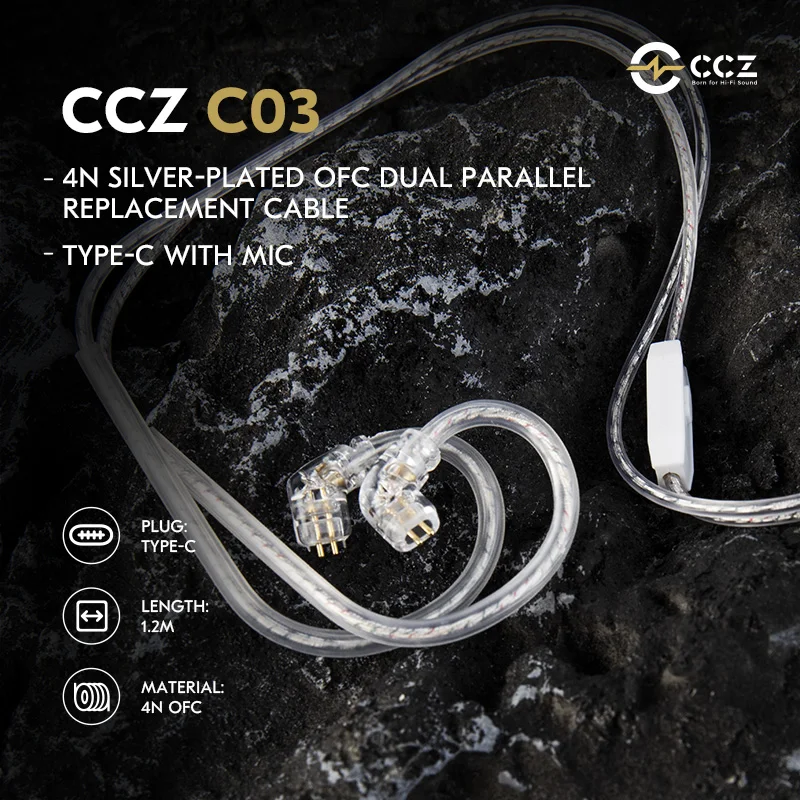 CCZ C03 Двойной параллельный посеребренный OFC type-c с микрофоном Сменный кабель для наушников, совместимый с ZS12 PRO X/ZA12/EDX PRO/ZAR