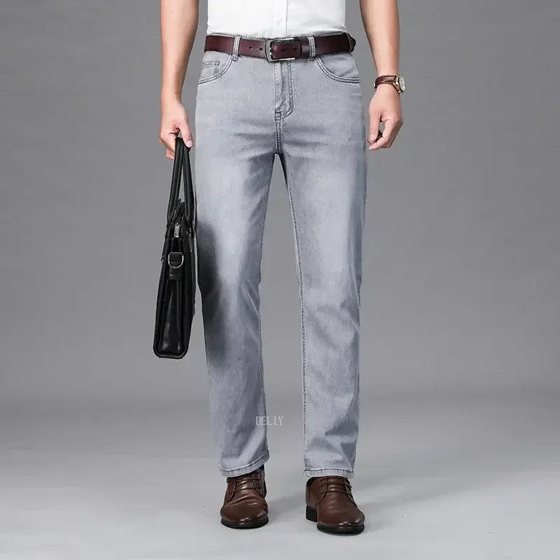 2024 Brand Thin or Thick Material Straight Cotton Stretch Denim Men's  Business Casual High Waist Light Grey Blue Jeans