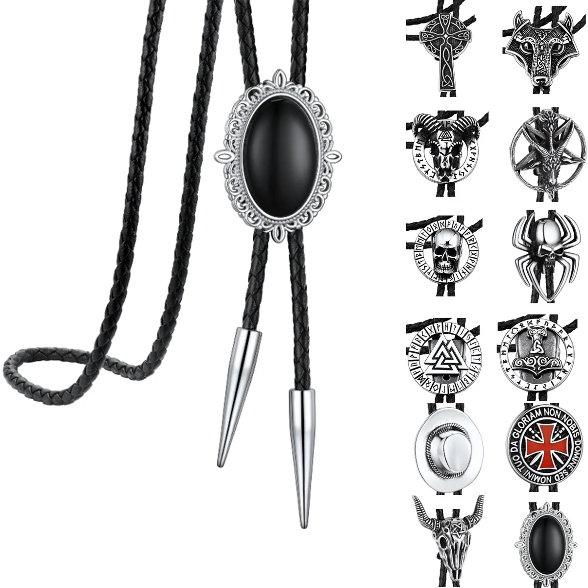 

U7 Stainless Steel Bolo Tie for Men Woman Cowboy Hat Cross Viking Runes Wolf Hammer Goat Skull Black Onyx Knight Leather Necktie