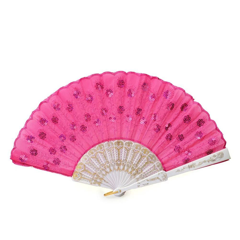 Women Sequin Decorated Folding Plastic Hand Fan Dance Fan (Rosy) Women Plastic fan Lace