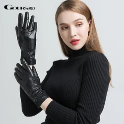 Gours-guantes de piel auténtica para mujer, manoplas de piel de cabra negra, forro de lana, cálido, bordado, novedad de invierno, GSL055