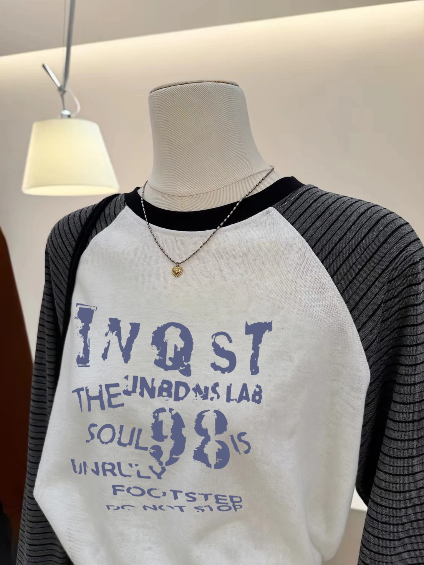 Retro American Shoulder Sleeve Splicing Anti-Aging Print Striped Long Sleeve T-Shirt Women Spring Autumn New Loose Base Shirt