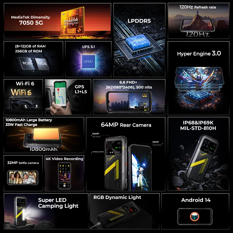 HOTWAV Hyper 7 5G هاتف متين 10800mAh 6.6 ''FHD + 2K عرض الهاتف المحمول 280LM 64MP الهاتف الذكي 8GB 256GB أندرويد 14 الهاتف المحمول