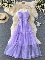 Women Sexy Mesh Spaghetti Strap Long Dress Summer Orange/Purple/Blue/Pink Ruffle A-Line Beach Robe Female Elegant Party Vestidos