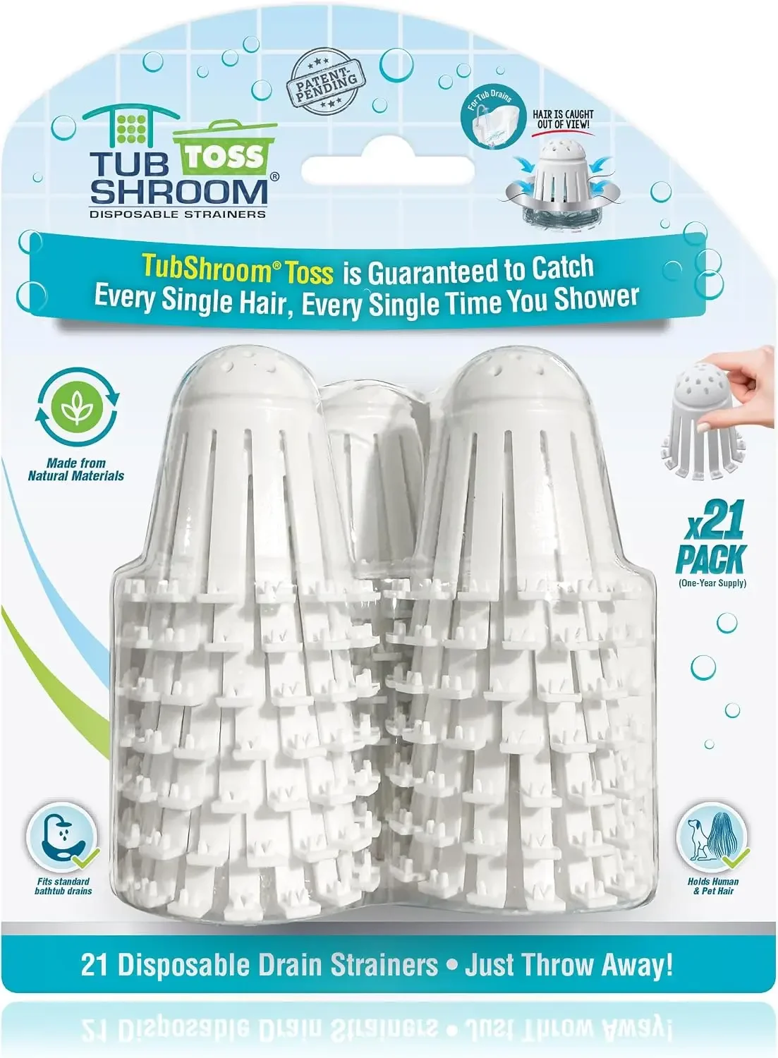 

21pk Disposable Bath Tub Drain Strainers - Hair Catcher for Shower, Prevent Clogged Drains, Traps Human & Pet Hair, One Year Supply (White)