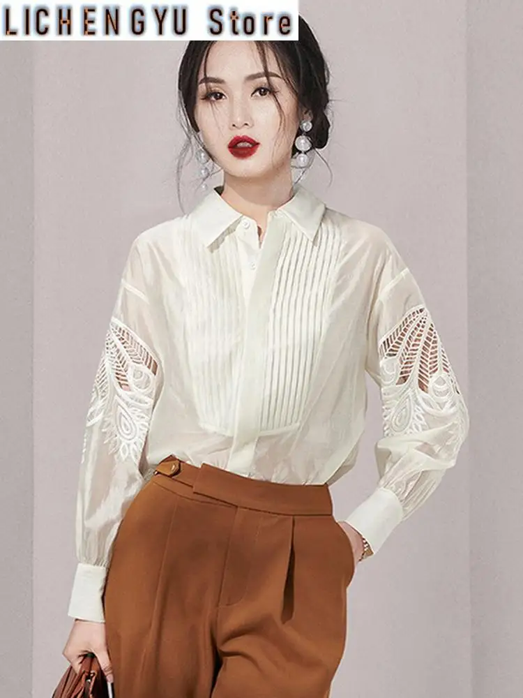 

New Spring Blusas Basic Office Lady Blusas Vintage Lace Hollow Out Embroidery Elegant Blouse Women Casual Shirts