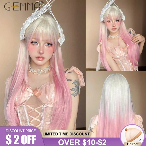 GEMMA-peluca larga y recta para mujer, pelo sintético colorido de color rosa claro, Rubio, Cosplay de Lolita, con flequillo, resistente al calor