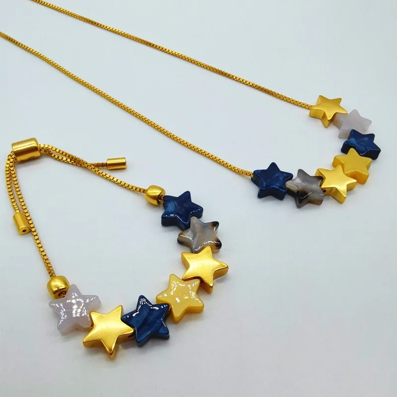 

Japanese and Korean Simple Temperament Trendy People Metal Five-pointed Star Brass Gold-plated Beaded Collarbone Chain Women's N