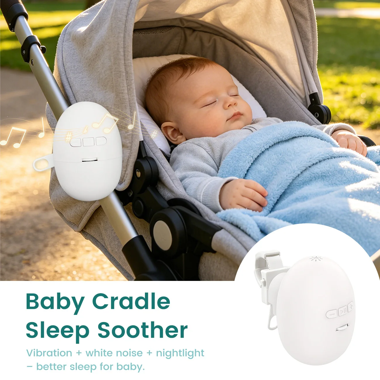 Cuna para Bebé con Vibración Ajustable, Ruido Blanco y Luz Nocturna con Control Táctil, Recargable Tipo-C, con Clip