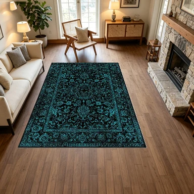 Black Base Color with Blue-Green Traditional Persian Floral Carpet, Oriental Style, Luxurious Pattern Carpet, Non-Slip Floor Mat for Living Room and Bedroom