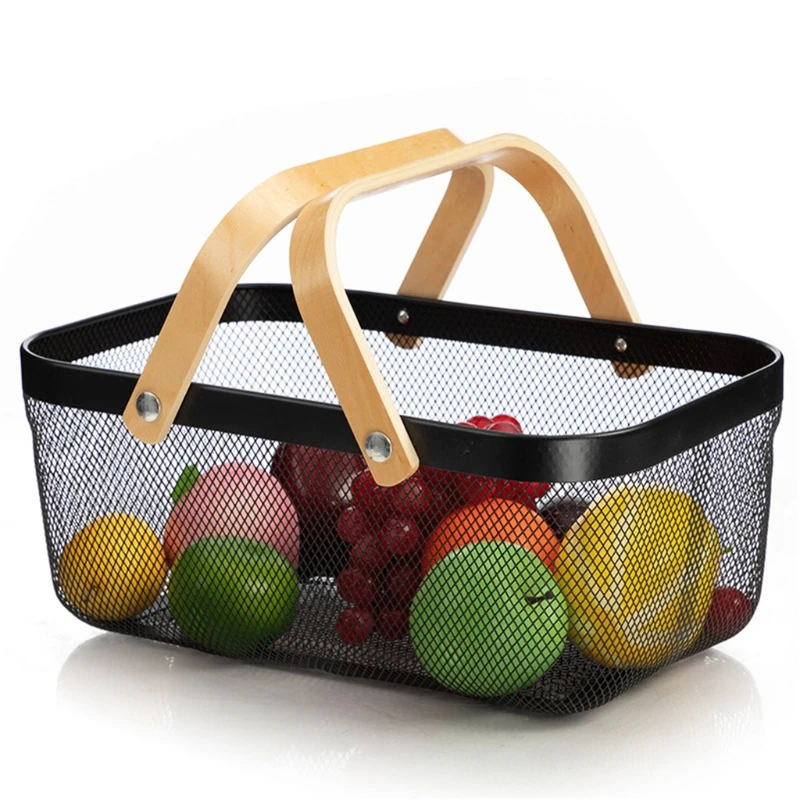 Nordic Metal Mesh Fruit Basket Bin with Double Wooden Handle Kitchen Wrought Iron Rectangle Storage Dropshipping