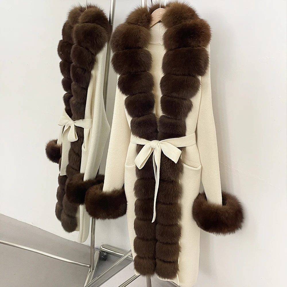 Pull Femme dame manteaux de fourrure naturelle tricot femmes à manches longues haut tricoté Cardigan Femmes vraie fourrure veste Femme 2026