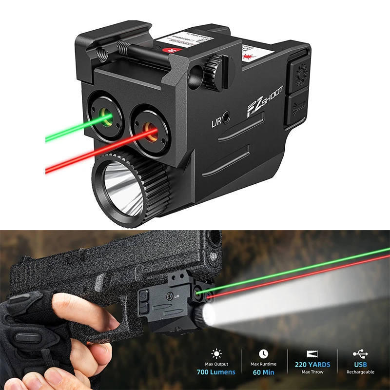 

EZshoot 700 Lumens Tactical Flashlight Red Green Laser Light Rechargeable for Pistol Compatible with Glock & Picatinny Rail