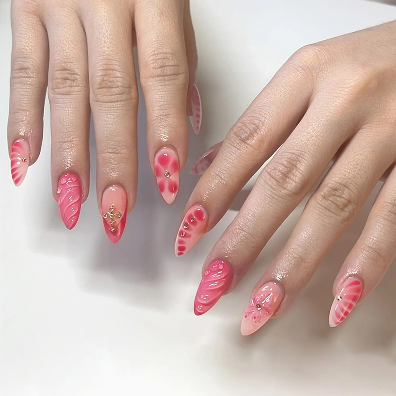 Almond Fake Nails with Flower Decor Irregularly Symmetrical Rhinestone Almond Nails for Shopping Traveling Dating