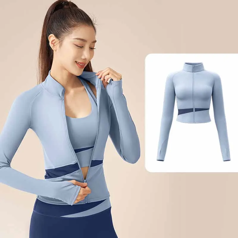 Women\'s Running Jacket Tights Contrast Color Quick Dry Long Sleeved Sports Top Workout Yoga Wear Stand Collar Fitness Gym Coat