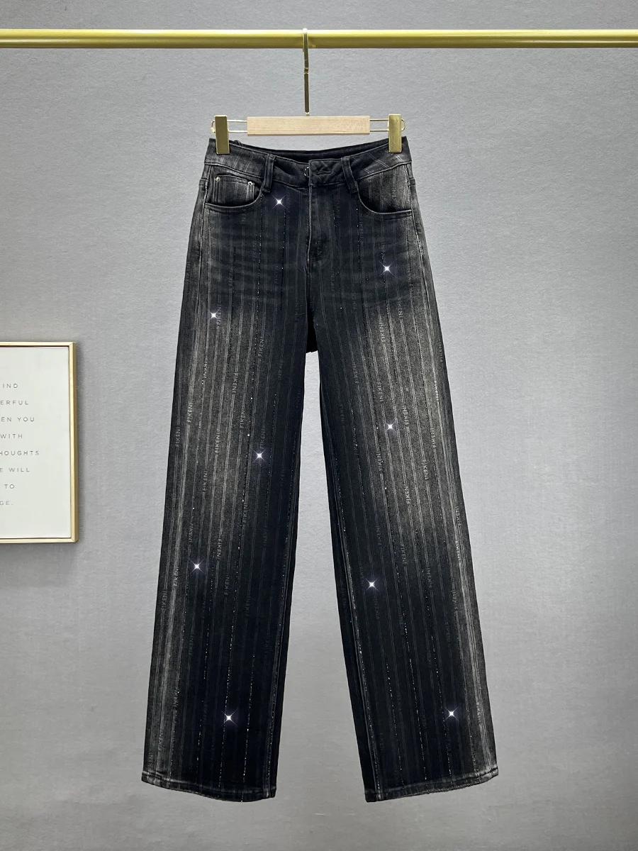 

Retro High Waist Wide Leg Jeans Women's Faion Autumn Wear Glittering Diamond Long Floor-Length Pants Cotton Stretch Denim