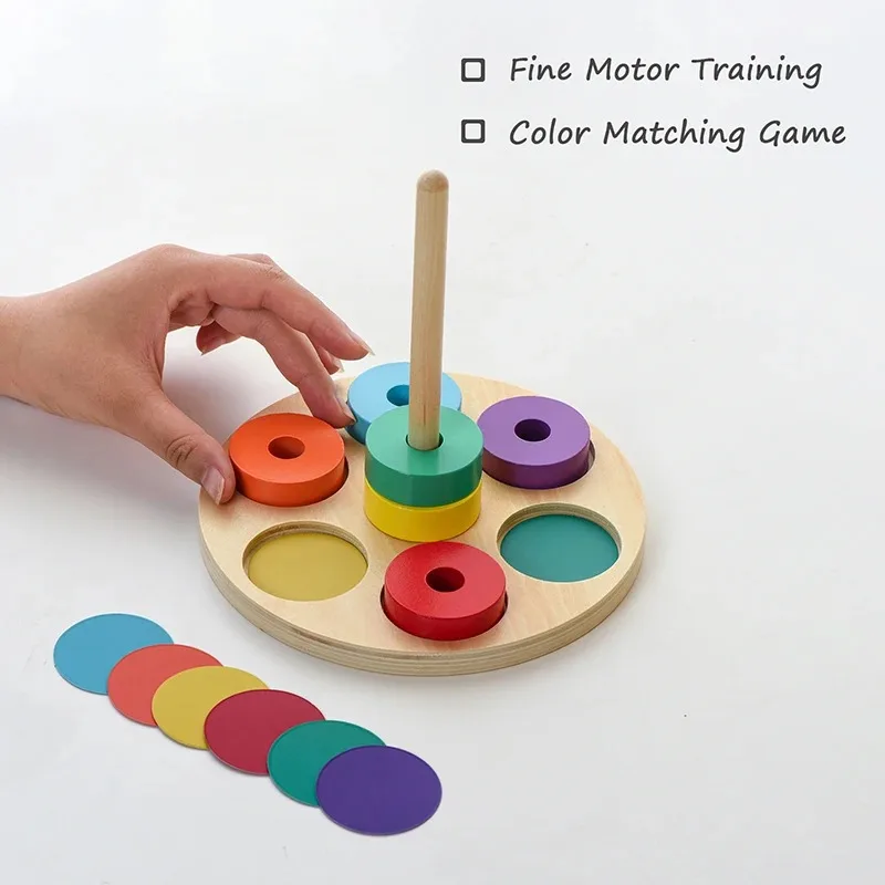 Children Montessori Rainbow Blocks Toy Color Shape Matching Stacking Game Educational Wooden Toy For Toddler Fine Motor Training