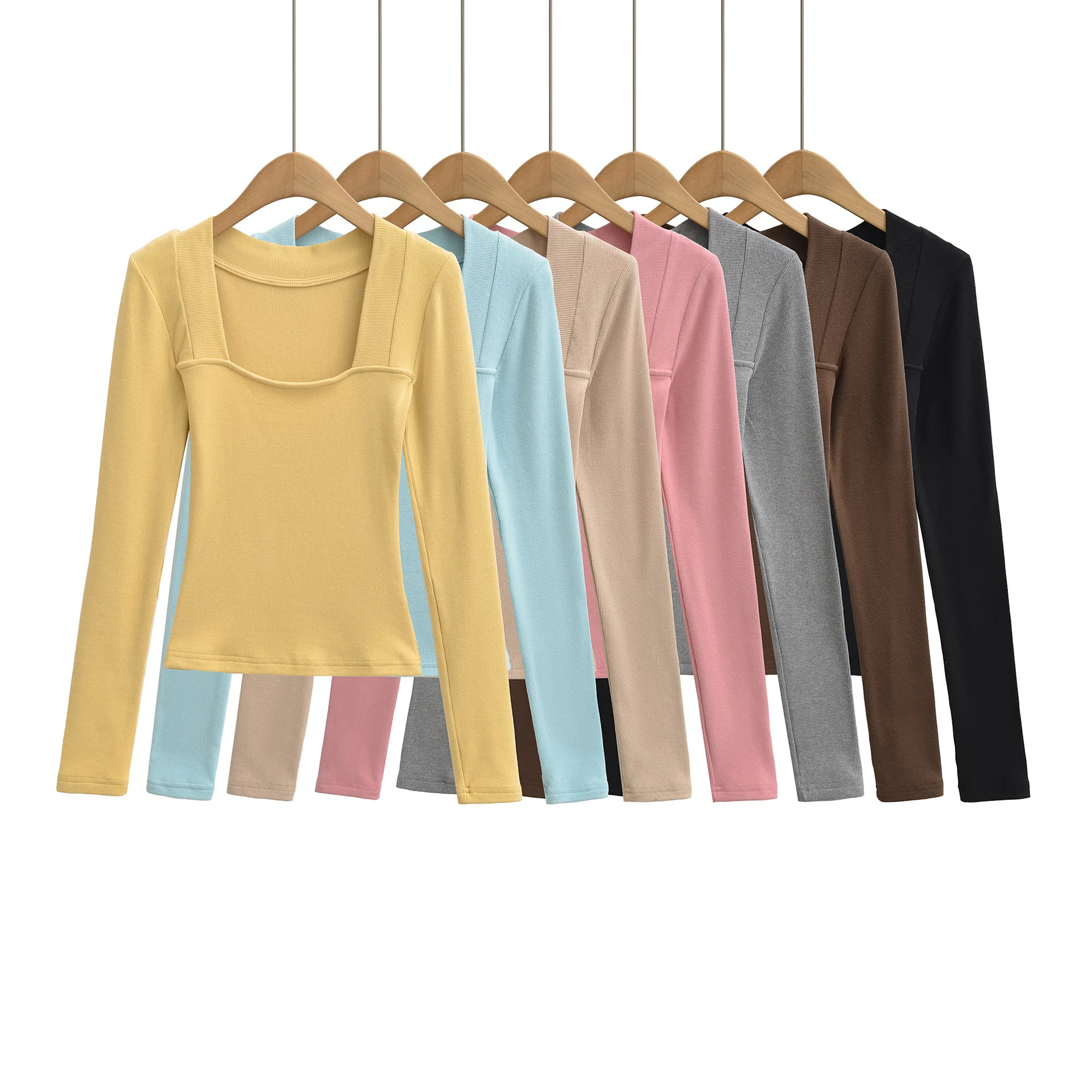 

Женская футболка с длинными рукавами в корейском стиле, с квадратным вырезом, открывающим ключицы, для похудения, из новой двусторонней ткани с начесом 74K6