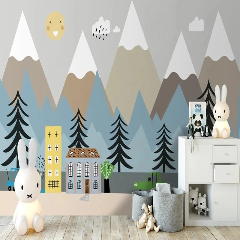 

Custom Photo Wallpaper 3D Modern Hand-painted 3D Cartoon Nordic Mountain House Mural Children's Bedroom Background Wall Painting