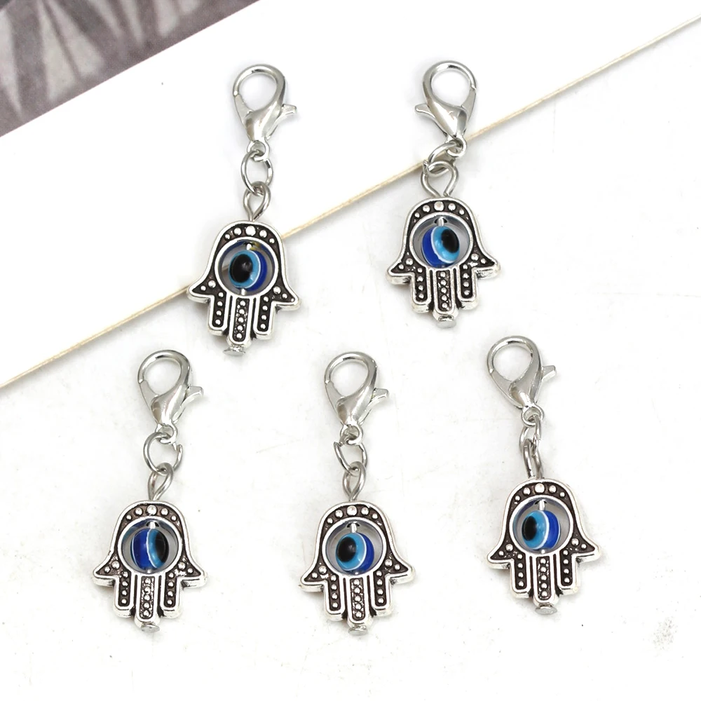 10pcs/lot 35*13mm Evil Eye Beads Hamsa Hand Charms Pendent Lobster Clasp Pendant Key Chain Jewelry Accessories