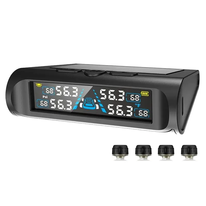 Classic-USB Solar TPMS Temperature Monitor With 4 External Sensors Digital LCD Display 0-6.8Bar Gauge Car Tyre Monitor