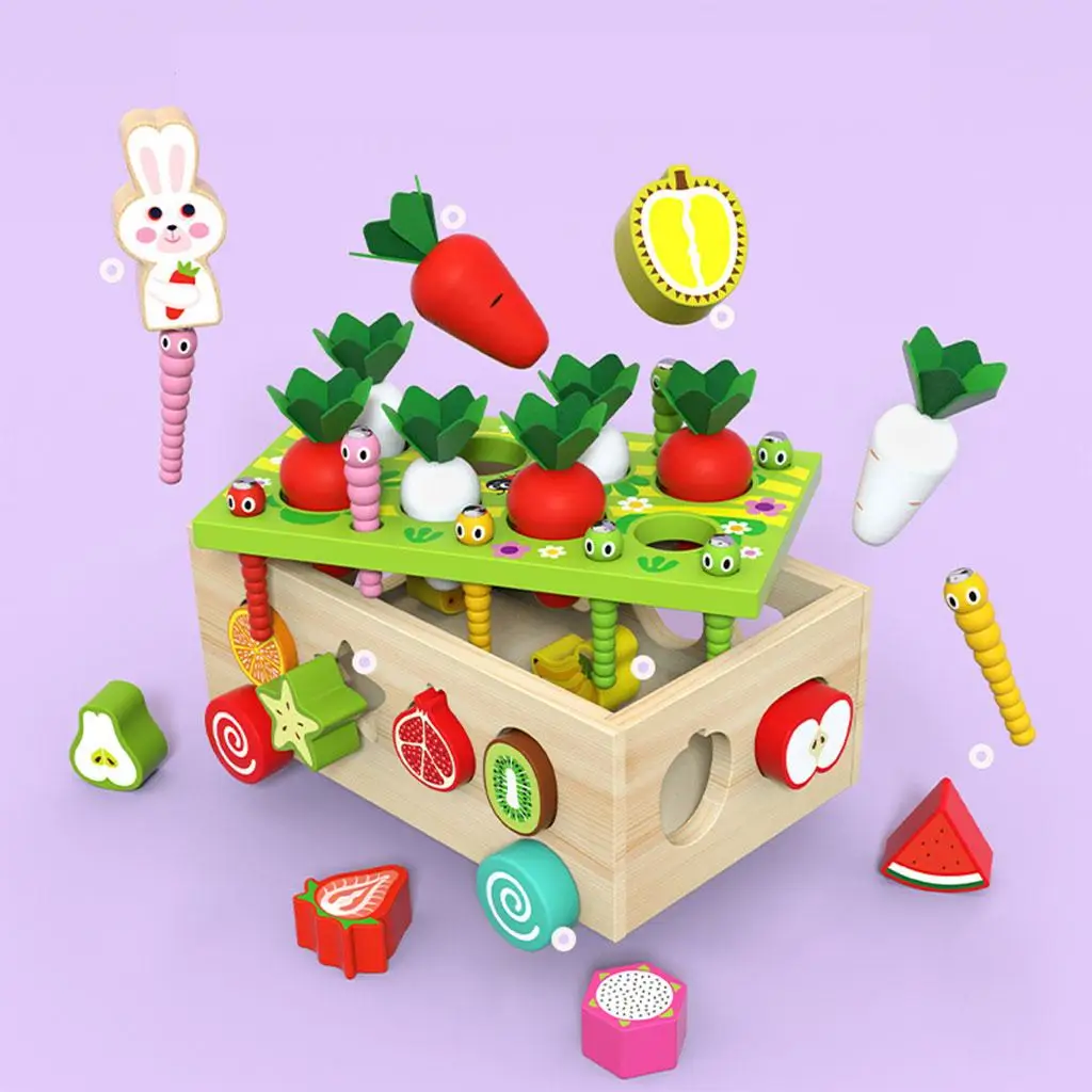 Montessori Wooden Fruit Shape Sorting Toy for Kids Farm Animal Puzzle Board Game with Carrot Rabbit Blocks for Fine Motor Skills
